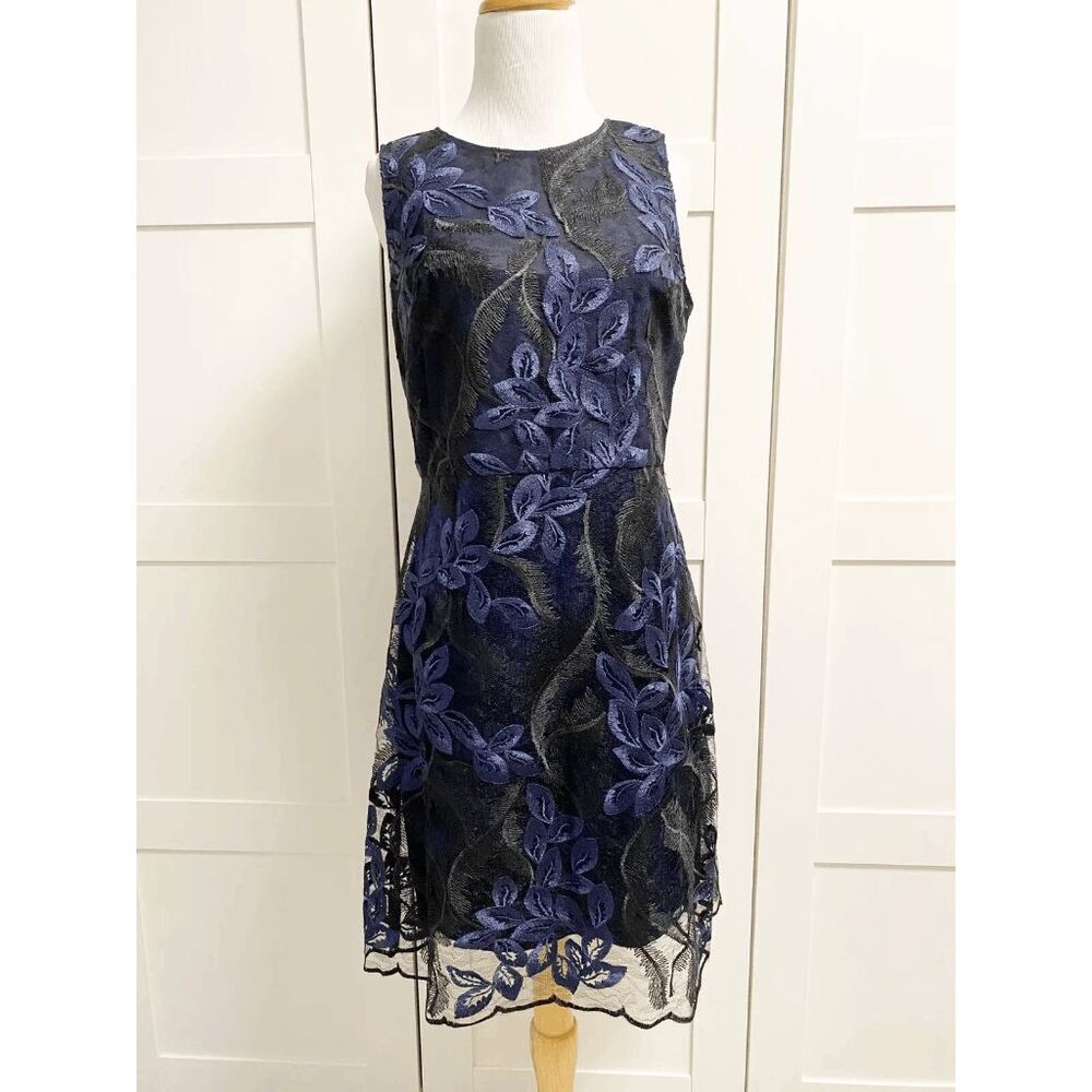T Tahari Wortha Lace Velvet Dress Size 6 Blue Black Metallic Sparkle Illusion
